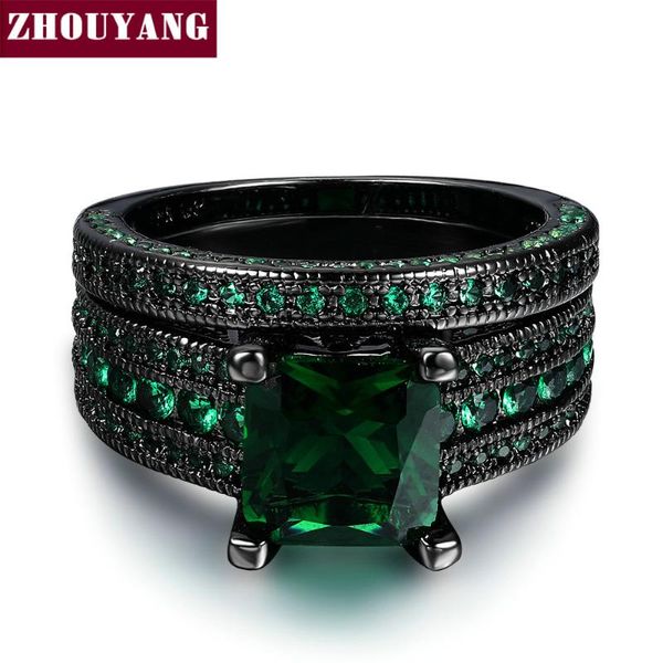 

zhouyang 6mm cubic zirconia created green crystal square ring set black gold color party rings r689, Golden;silver
