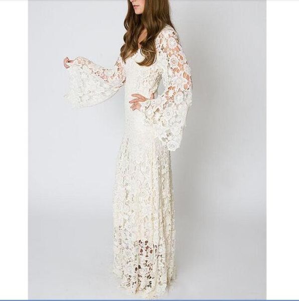 

vintage bohemian beach wedding dress 2020 bell sleeve lace crochet hippie wedding dress floor length boho bridal gowns, White