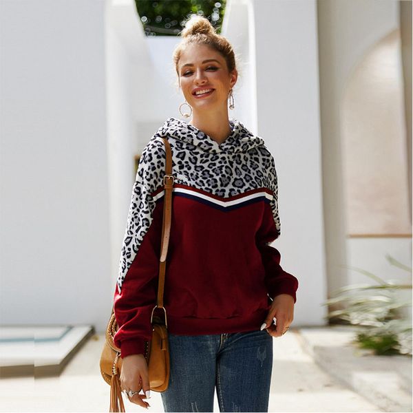 

leopard patchwork hooded hoodie 3 colors women long sleeve sweatshirt jumper outdoor outwear hoodies pullovers ooa7407-2, Black