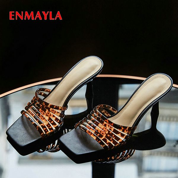 

enmayla square toe leopard plastic summer 2020 slippers women outside narrow band thin high heels womens shoes size 34-40, Black
