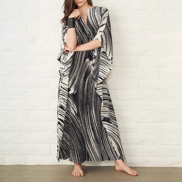 

women long robe print maxi dress belt wrap beach tunics summer, Black;gray