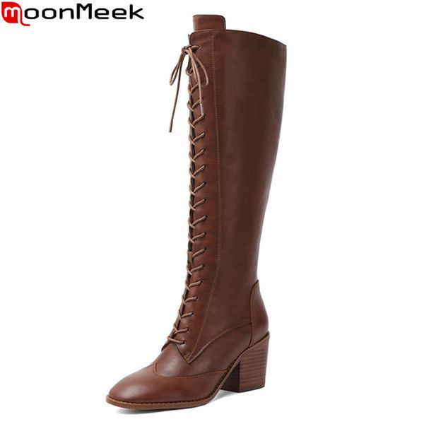 

boots moonmeek 2021 large size 34-43 knee high genuine leather thick heels round toe lace up women shoes, Black