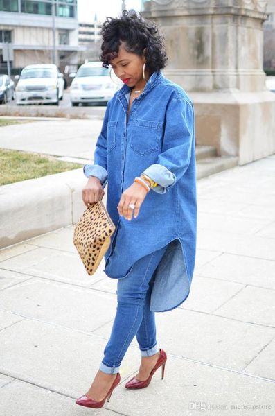 

irregular shirt women casual denim shirts blouses long single breasted loose, White