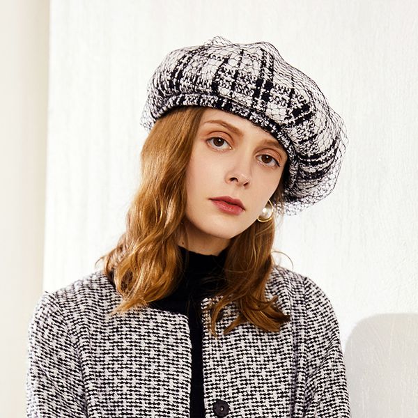 

berets h755 female mesh yarn beret hat fall classic black and white lattice casual shopping cap women girl student outdoor travel hats, Blue;gray