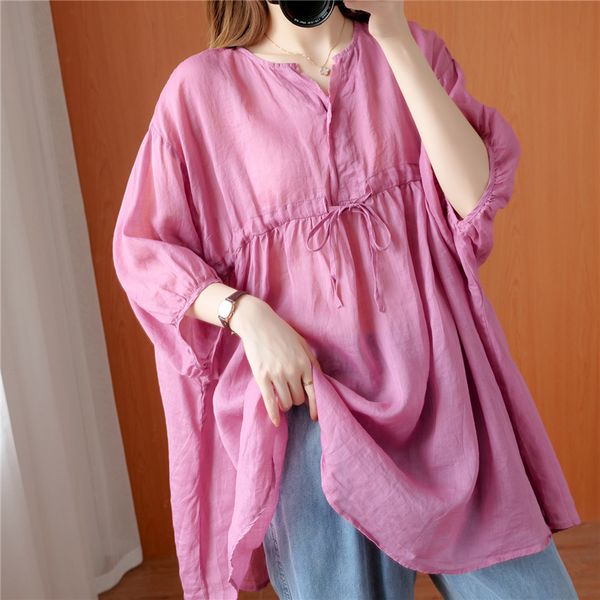 

women's blouses & shirts loose blouse women plus size solid pullover three quarters sleeved lace up casual cotton clothes blusas de mu, White
