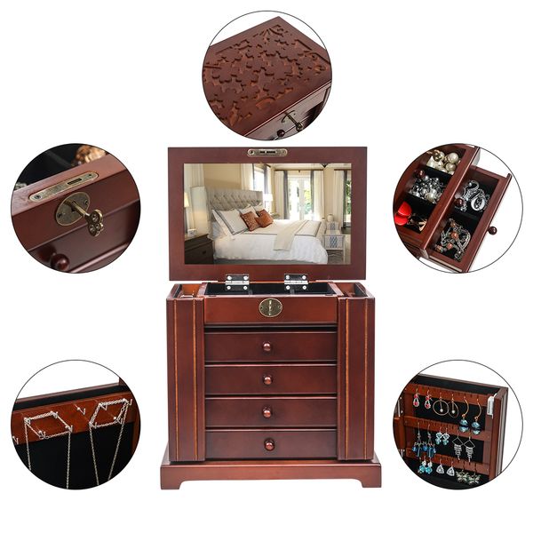 

jewelry organizer large wooden storage carved box 5 layers case with 4 drawers brown us stock