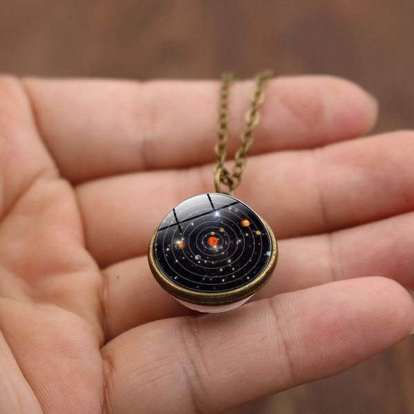 

wg 1pc 12/16/18mm retro double-sided cabochon glass ball solar system universe pendant necklace for women sweater chain jewelry, Silver