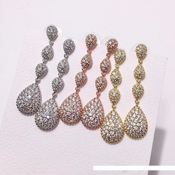 

new arrival gold plated copper full cz stone teardrop charm stud earrings for women 2019 selling new luxury fashion jewelry, Golden