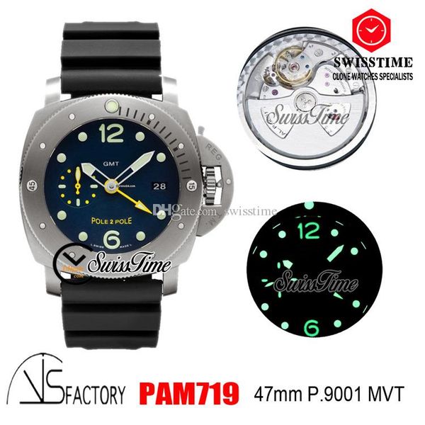 

vsf 47mm vs719 p.9001 automatic mens watch gmt titanium case superlumed dial and hands black rubber strap swisstime, Slivery;brown