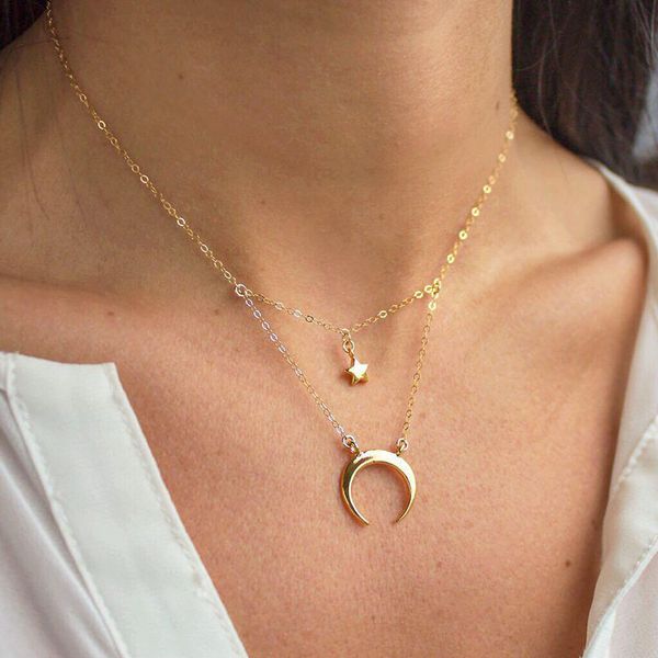 

simple star moon pendant necklace for women girls trendy gold color chains multilayer chokers necklaces party jewelry collares, Silver