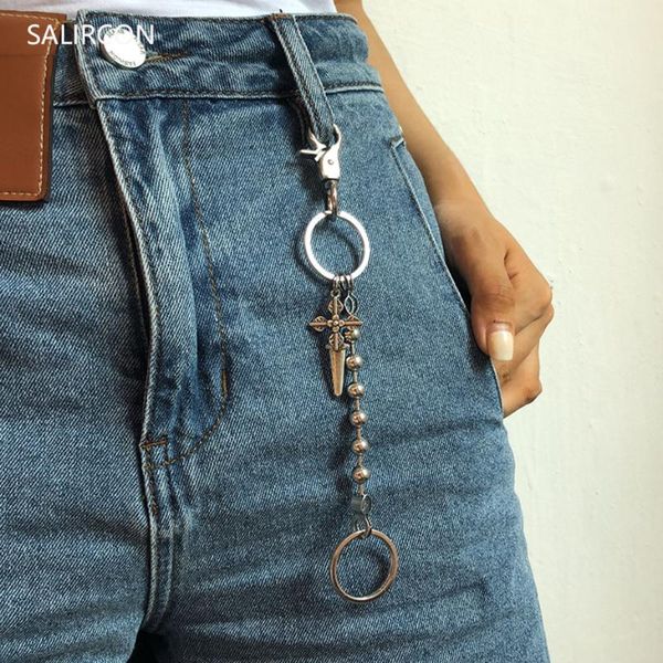 

salircon goth cross key chains ring women men punk ccb beads silver color long keychain decoration fashion jewelry accessory
