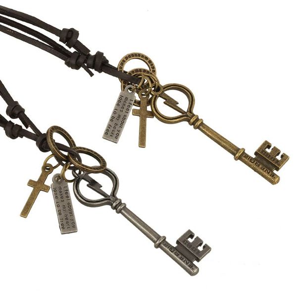

vintage women men pu leather rope cord necklace key cross pendant necklaces fine jewelry gifts ll@17, Silver