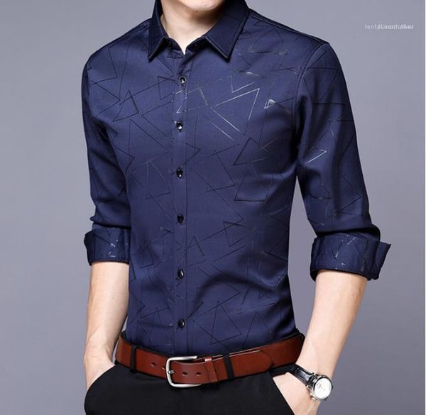 

fashion single breasted business male clothing mens designer casual shirts slim irregular printed lapel neck long sleeved shirt, White;black