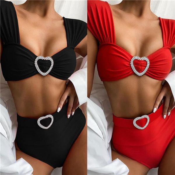 

pattern solid color ladies beach swimming suits clothing high waist women bikini sets 2pcs summer womens swimwear with love, White;black
