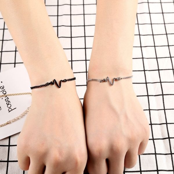 

bangle 1pcs fashion vintage heartbeat electrocardiogram couples bracelets lover gifts stainless steel jewelry, Black