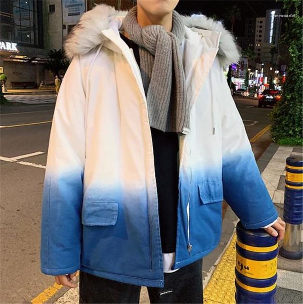 

clothes casual men outerwears winter men designer coats gradient color thick loose hooded long mens parkas, Black