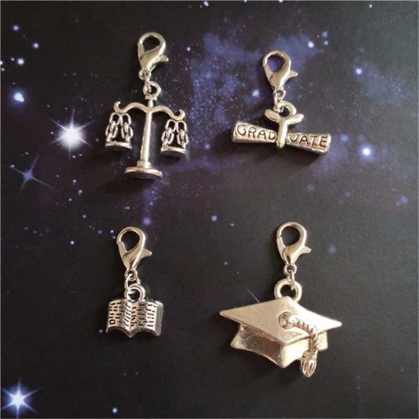 

4pcs/lot graduation clip on charm key ring zipper pull diploma charm graduation gift book pendant scales of justice keychain, Bronze;silver