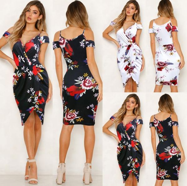 

women designer dresses split v neck summer women knee length dress fashion casual women clothing floral printed strapless, Black;gray
