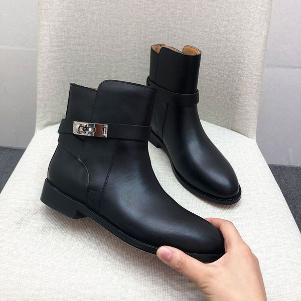 

genuine leather woman ankle boots buckle fashion platform winter shoes women warm zipper footwear combat boots for women 2021, Black