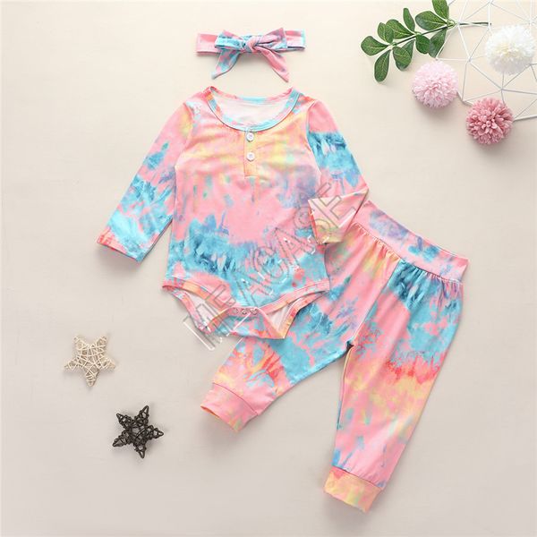 

new kids baby autumn clothing set tie dye designers jumpsuits long sleeve button romper pants+headbands 3pcs/set boutique outfits d82506, White