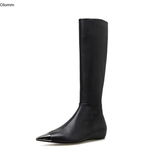 

olomm new handmade women knee high boots internal increas heels boots pointed toe elegant black party shoes women us size 4-13