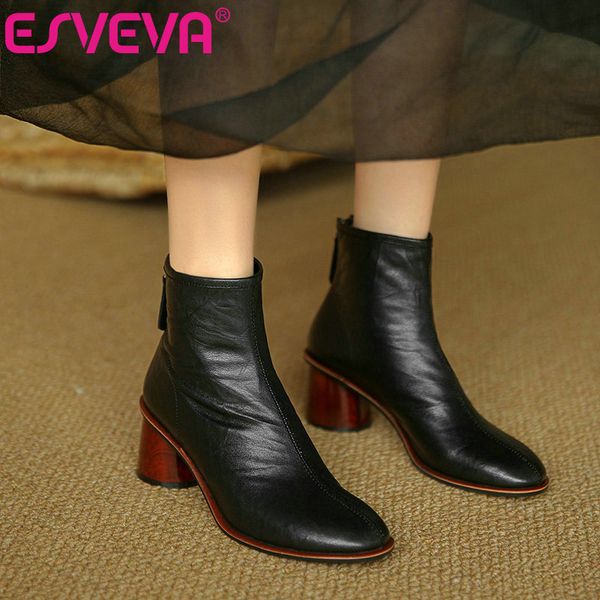 

esveva 2021 round toe square high heel pu+leather ankle boots women boots shoes zipper western style black size 34-39