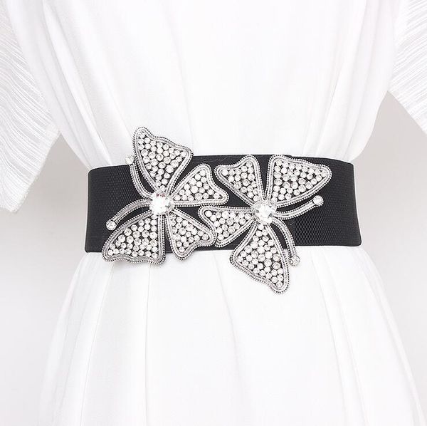 

women's runway fashion rhinestone butterfly elastic cummerbunds female dress corsets waistband belts decoration wide belt r2927, Black;brown