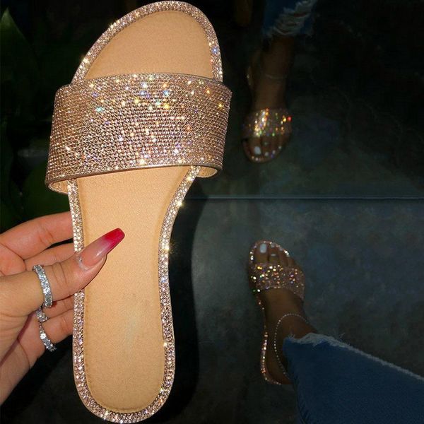 

slippers summer women candy color bling flip flops outdoor ladies slides beach shoes female crystal slippers glitter flat, Black