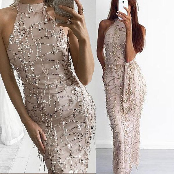 

one product dropshipping selling european and american new summer halter dress tassled sequin long dress, White;black