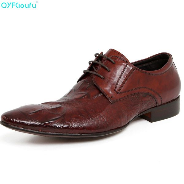 

qyfcioufu new arrive mens genuine leather mens pointy shoes crocodile pattern men dress shoes lace up pointed toe wedding shoe, Black