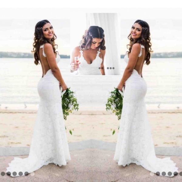 

Sexy Lace Wedding Dresses Country Style Count Train Deep V Neck Backless Wedding Dress Hoho Cheap Handmade Mermaid Bridal Gowns Simple Wear