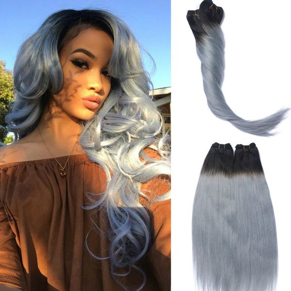 

full head clip in human hair extensions grey straight brazilian virgin hair ombre two tone color dark root to grey hair 120gram, Black