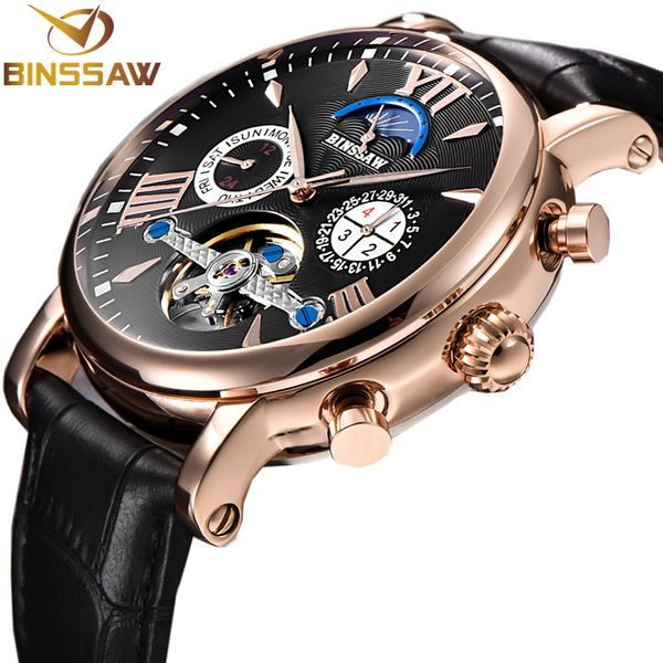 

binssaw new men automatic mechanical tourbillon watch business leather moon phase sports watches relogio masculino, Slivery;brown