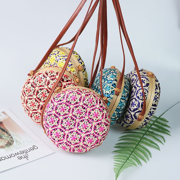 

new round straw beach bag circle rattan bag women handbag colorful flower pattern female message shoulder bag