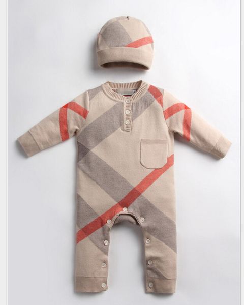 Bebê meninos xadrez romper infantil meninas gola redonda manga comprida camisola de malha macacões + chapéu 2pcs conjuntos recém-nascidos crianças roupas de grife A4084