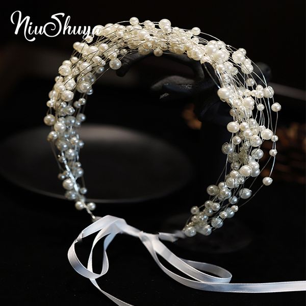 

niushuya korean handmade multi-layer pearl headband women wedding hairband bridal crown headpiece headdress hairband, Golden;silver