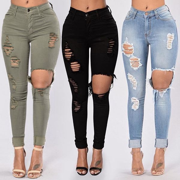 

black ripped jeans for women denim pencil pants trousers high waist stretch skinny jeans torn jeggings plus size 2020, Blue