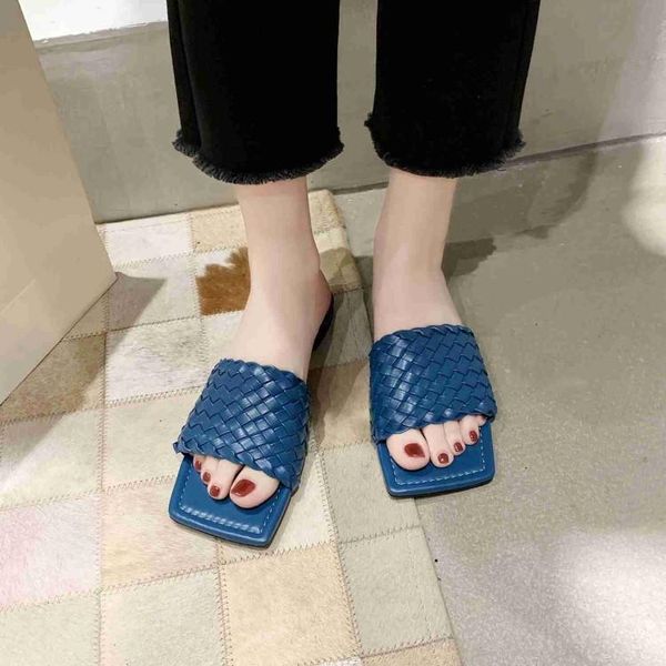 

осень 2020 тапочки мини-heel line-стилизации кожа pu кожаный sticky плоскодонных square-head мода пляж женская обувь, Black