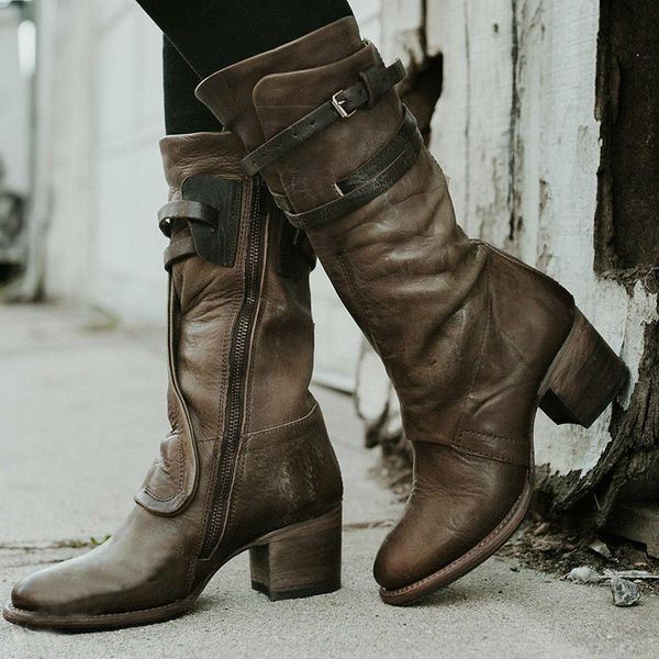 

women mid-calf boots girl high heels autumn shoes plus size gladiator vintage pu leather booties woman mujer zapatos mujer d1618, Black