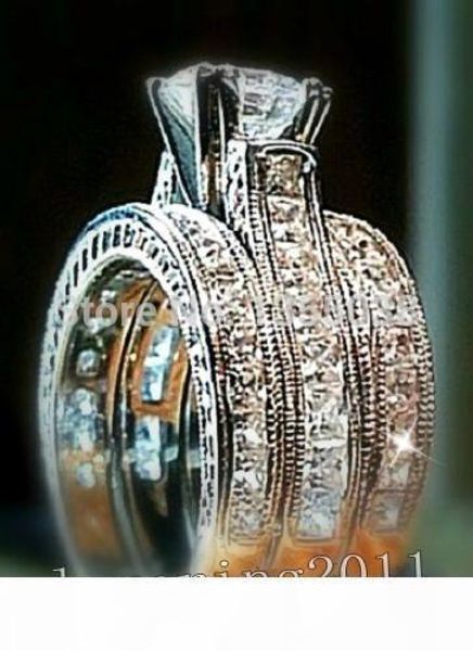 

fashion jewelry 6mm princess cut 5a zircon stone 14kt white gold filled 3-in-1 engagement wedding ring set for women size 5-11, Slivery;golden