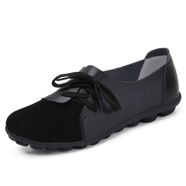

35-44 large size women's shoes leather peas shoes women lace soft bottom flat mother women, Black