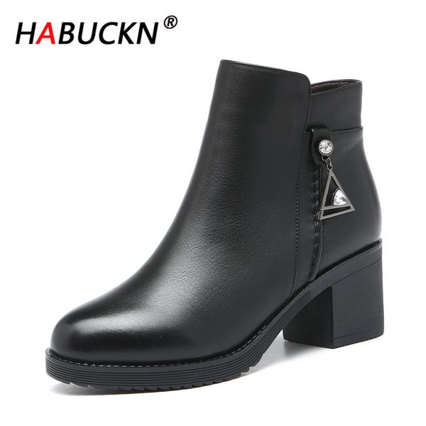 

habuckn 2020 classic black boots women's leather women's boots new round head winter thick bottom high heel wool mid-calf