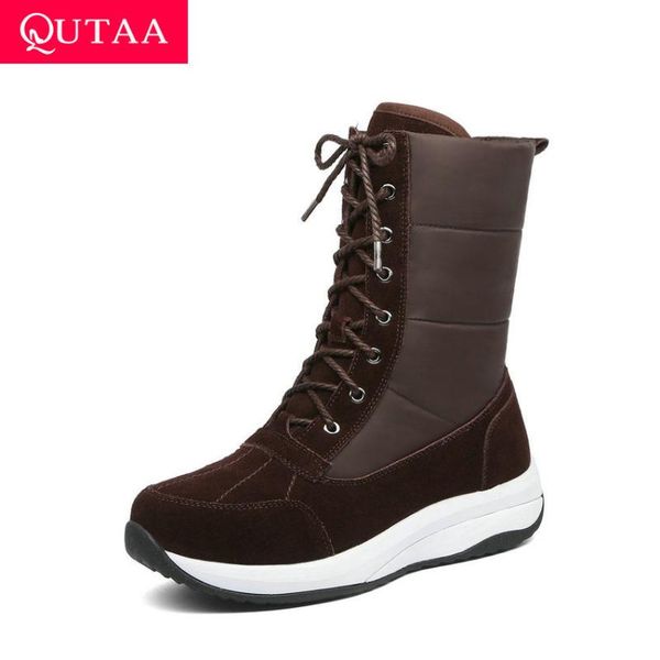 

boots qutaa 2021 wedges keep warm women snow casual round toe winter ankle cow suede down lace up shoes size 35-43, Black