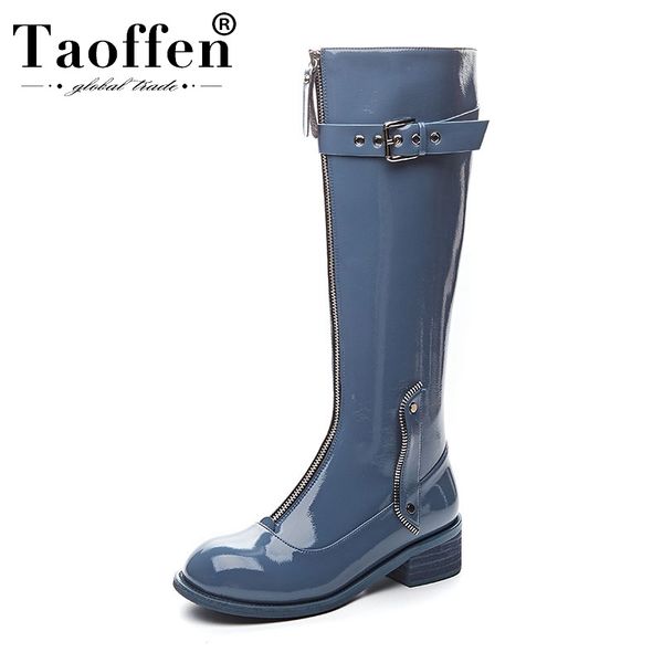 

taoffen 2020 ladies genuine leather knee high boots round toe buckle low heels motorcycle boots brand shoes woman size 33-42, Black