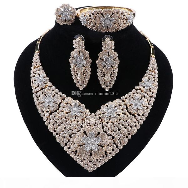 

new african crystal jewelry sets for women luxury wedding set statement choker necklace earrings party accessories, Slivery;golden