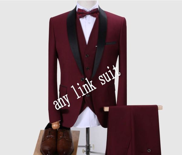 Alta Qualidade Um Botão Borgonha Noivo TuxeDos Shawl Lapel Groomsmen Mens Suits Casamento / Prom / Jantar Blazer (jaqueta + calça + colete + gravata) K529