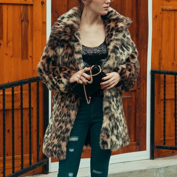 

leopard printed faux fur lapel neck coats designer women clothing winter women designer coats fashion loose, Black