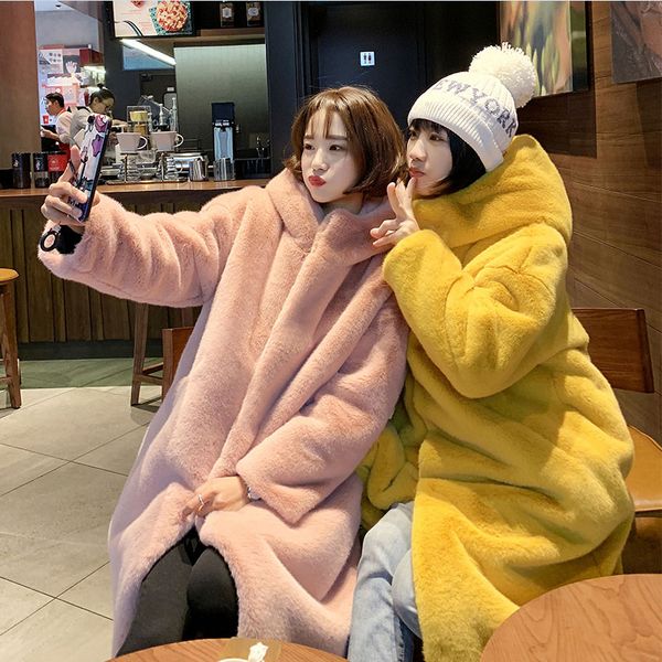 

Bella philosophy 2020 Winter Solid Hooded Women Faux Fur Coats ladies Thick Warm Outwear Fur Jackets female Loose Long Overcoat
