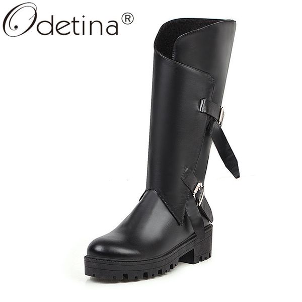 

odetina retro women chunky mid heel side zip buckle strap mid calf boots platform ladies vintage winter autumn shoes big size 46, Black