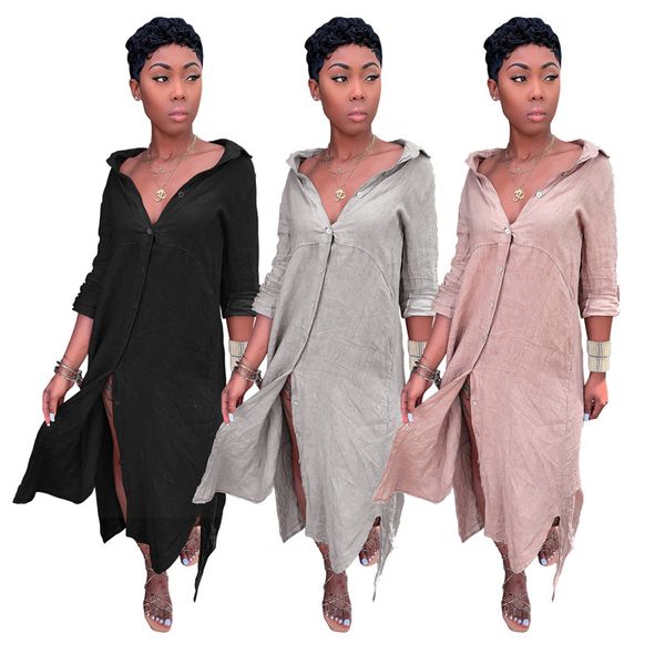 

fashion women loose solid casual dresses turn-down collar ladies office shirt dresses button autumn spring long sleeve dresses vestidos, Black;gray
